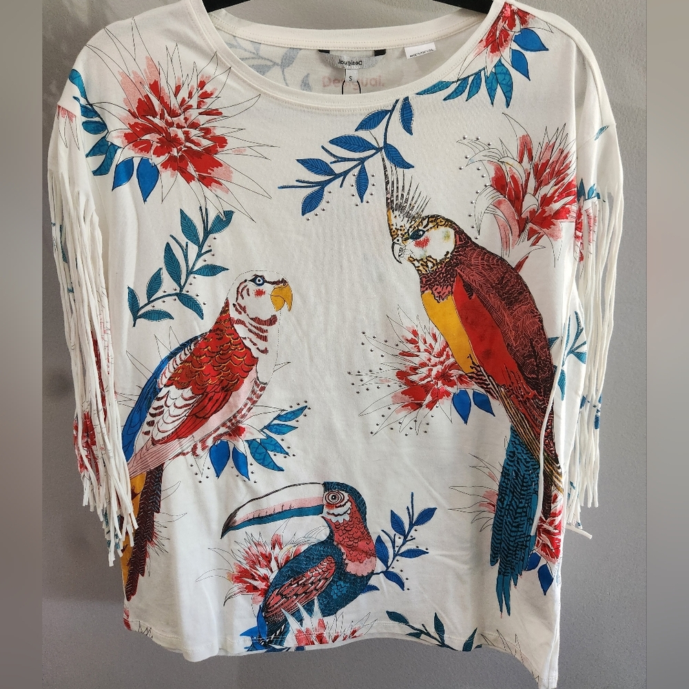 Desigual Parrot Fringe Tee NWT